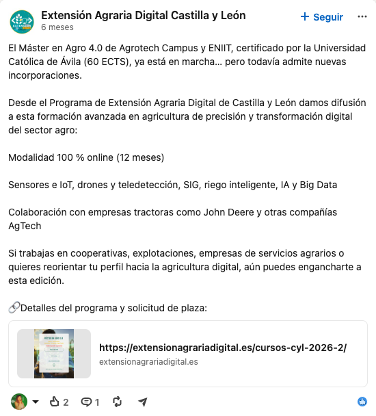 Publicación real en LinkedIn de Extensión Agraria Digital Castilla y León sobre el Máster en Agro 4.0