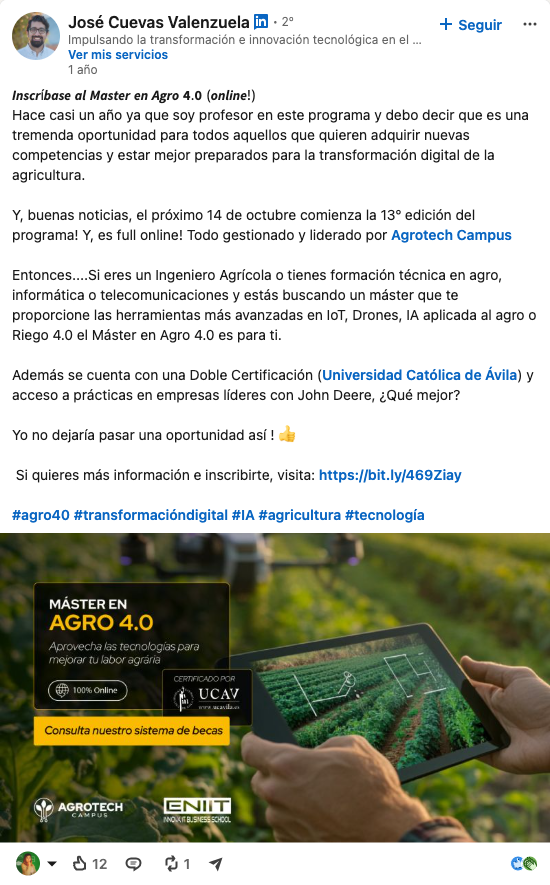 Publicación real en LinkedIn de jocuevasv sobre el Máster en Agro 4.0