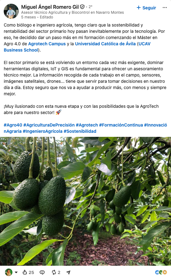 Publicación real en LinkedIn de Miguel Romero sobre el Máster en Agro 4.0