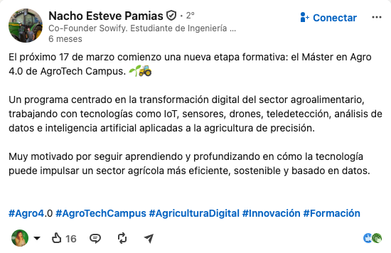 Publicación real en LinkedIn de Nacho Esteve Pamias sobre el Máster en Agro 4.0