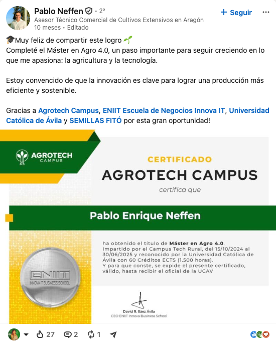 Publicación real en LinkedIn de Pablo Neffen sobre el Máster en Agro 4.0
