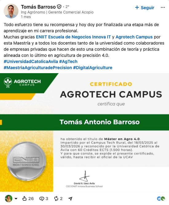 Publicación real en LinkedIn de Alumno del Máster en Agro 4.0 sobre el Máster en Agro 4.0