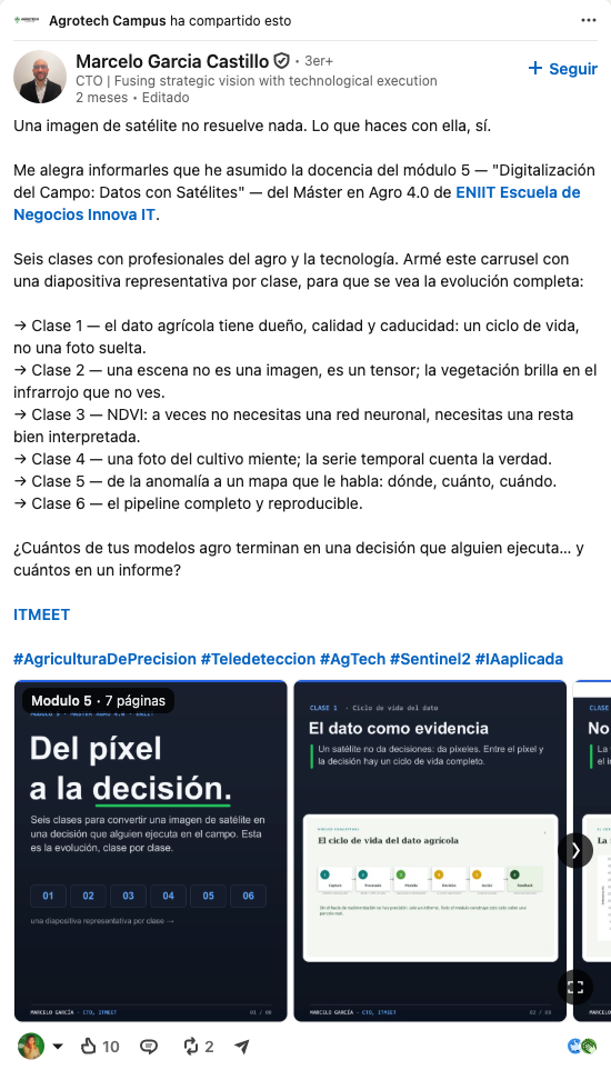 Publicación real en LinkedIn de Alumno del Máster en Agro 4.0 sobre el Máster en Agro 4.0